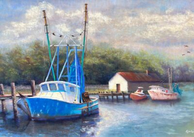 pastel painting of docked boats by Kim Long