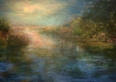 Riverbank Moonglow, 11 x 14 soft pastel painting by Molly Ann Cooley