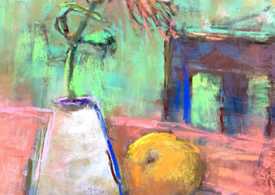 Chrysanthemum And Citrus, 11.5 x 8.5 soft pastel painting by Anne Gee