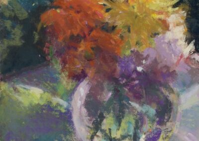 Trish's Dahlias, 10.5 x 10 soft pastel painting by Paula Hansen