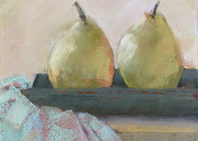 Pears With Blue Cloth, 8 x 6 soft pastel painting by Laura Pritchard